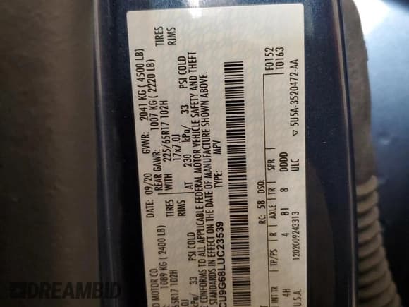 ✅ 2020 Ford Escape SE • VIN: 1FMCU9G68LUC23539 • Lot: 71850475. Wystawiony na Copart z przebiegiem Nie podano. Bezpłatny archiwum sprzedaży aukcyjnych z USA i szczegółowy raport historii pojazdu na DreamBid. Zdjęcie 13.