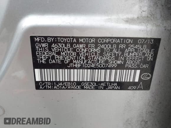 ✅ 2014 Lexus IS 250 • VIN: JTHBF1D24E5007499 • Lot: 43298733. Listed on IAAI with 116,862 mi. Free auction sales archive from the USA and detailed vehicle history report at DreamBid. Image 9.