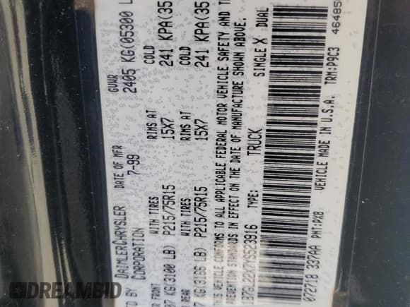 ✅ 2000 Dodge Dakota • VIN: 1B7GL22X7YS523916 • Lot: 56334055. Wystawiony na Copart z przebiegiem 294 552 mil. Bezpłatny archiwum sprzedaży aukcyjnych z USA i szczegółowy raport historii pojazdu na DreamBid. Zdjęcie 12.