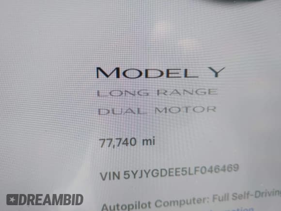 ✅ 2020 Tesla Model Y Long Range • VIN: 5YJYGDEE5LF046469 • Lot: 43230905. Listed on IAAI with 77,740 mi. Free auction sales archive from the USA and detailed vehicle history report at DreamBid. Image 15.