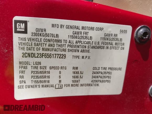 ✅ 2005 Chevrolet Equinox LS • VIN: 2CNDL23F656177229 • Lot: 41313002. Listed on IAAI with Not provided. Free auction sales archive from the USA and detailed vehicle history report at DreamBid. Image 9.