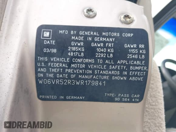 ✅ 1998 Cadillac Catera • VIN: W06VR52R3WR179841 • Lot: 41535621. Listed on IAAI with 103,204 mi. Free auction sales archive from the USA and detailed vehicle history report at DreamBid. Image 9.