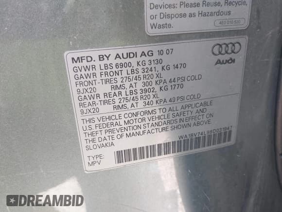 ✅ 2008 Audi Q7 Premium • VIN: WA1BV74L98D031947 • Lot: 42544652. Wystawiony na IAAI z przebiegiem Nie podano. Bezpłatny archiwum sprzedaży aukcyjnych z USA i szczegółowy raport historii pojazdu na DreamBid. Zdjęcie 9.