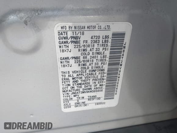 ✅ 2019 Nissan Rogue SV • VIN: JN8AT2MV9KW385656 • Lot: 43560040. Wystawiony na IAAI z przebiegiem 33 647 mil. Bezpłatny archiwum sprzedaży aukcyjnych z USA i szczegółowy raport historii pojazdu na DreamBid. Zdjęcie 9.