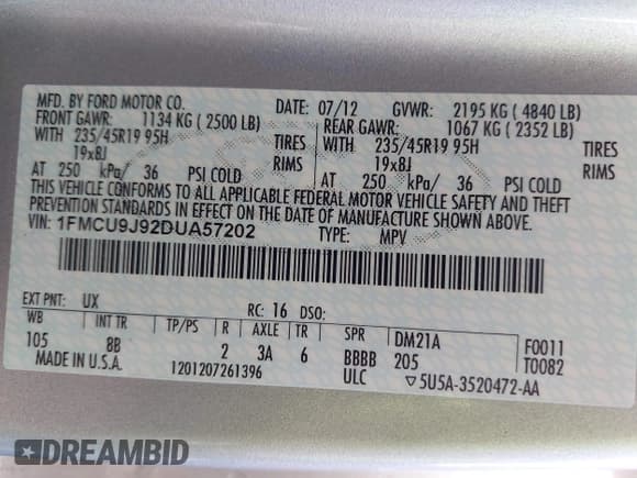 ✅ 2013 Ford Escape Titanium • VIN: 1FMCU9J92DUA57202 • Лот: 43350339. Опубликован ранее на IAAI с пробегом 172 073 миль. Бесплатный доступ к архиву аукционных продаж из США и подробный отчёт об истории автомобиля на DreamBid. Изображение 9.