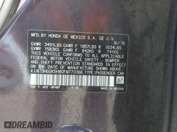 ✅ 2015 Honda Fit EX-L • VIN: 3HGGK5H80FM770366 • Lot: 62431595. Listed on Copart with 101,398 mi. Free auction sales archive from the USA and detailed vehicle history report at DreamBid. Image 12.