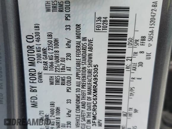 ✅ 2021 Ford Bronco Sport Outer Banks • VIN: 3FMCR9C6XMRA95305 • Лот: 89916335. Опубликован ранее на Copart с пробегом 68 794 миль. Бесплатный доступ к архиву аукционных продаж из США и подробный отчёт об истории автомобиля на DreamBid. Изображение 14.