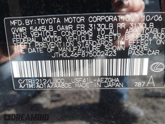 ✅ 2007 Lexus LS 460 L • VIN: JTHGL46F875002423 • Lot: 41936798. Listed on IAAI with 116,336 mi. Free auction sales archive from the USA and detailed vehicle history report at DreamBid. Image 9.