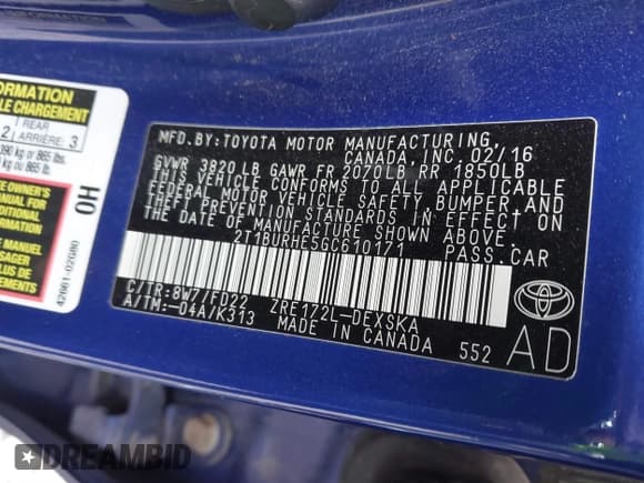 ✅ 2016 Toyota Corolla L • VIN: 2T1BURHE5GC610171 • Lot: 41461609. Listed on IAAI with 91,017 mi. Free auction sales archive from the USA and detailed vehicle history report at DreamBid. Image 9.