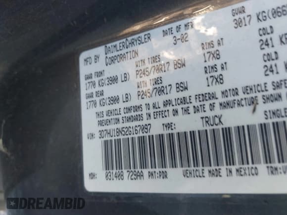 ✅ 2002 Dodge 1500 • VIN: 3D7HU18N52G167097 • Lot: 43551064. Listed on IAAI with 252,741 mi. Free auction sales archive from the USA and detailed vehicle history report at DreamBid. Image 9.