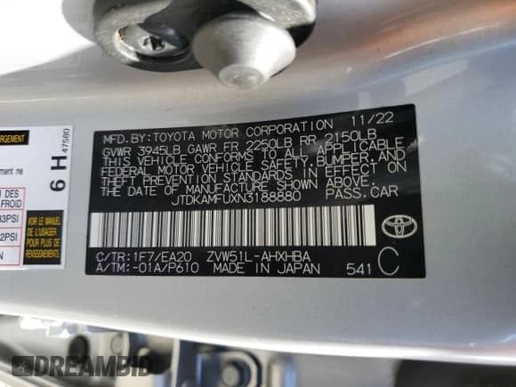 2022 Toyota Prius L Eco с VIN JTDKAMFUXN3188880, выставлен на аукционе Copart как лот 80854995 с пробегом 60 303 миль миль и Списание • Salvage title. История ставок и продаж доступна на DreamBid. Изображение 13.