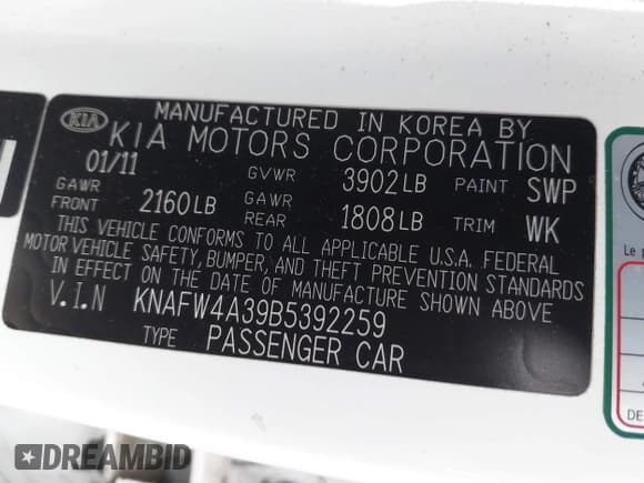 ✅ 2011 Kia Forte SX • VIN: KNAFW4A39B5392259 • Lot: 43856427. Listed on IAAI with 191,011 mi. Free auction sales archive from the USA and detailed vehicle history report at DreamBid. Image 9.