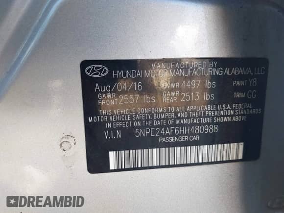 2017 Hyundai Sonata 2.4L z VIN 5NPE24AF6HH480988, wystawiony jako IAAI lot #43392884 z przebiegiem 125 833 mil mil oraz . Historia ofert i sprzedaży dostępna na DreamBid. Obrazek 9.