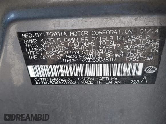 ✅ 2014 Lexus IS 350 • VIN: JTHCE1D23E5003810 • Lot: 41734940. Listed on IAAI with Not provided. Free auction sales archive from the USA and detailed vehicle history report at DreamBid. Image 9.