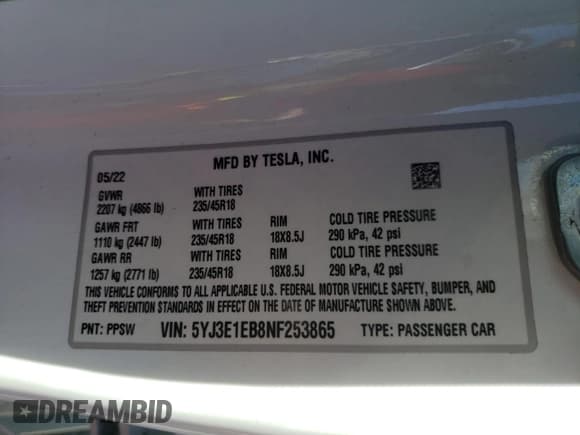 ✅ 2022 Tesla Model 3 Long Range • VIN: 5YJ3E1EB8NF253865 • Lot: 63837392. Wystawiony na Copart z przebiegiem 3 768 mil. Bezpłatny archiwum sprzedaży aukcyjnych z USA i szczegółowy raport historii pojazdu na DreamBid. Zdjęcie 10.