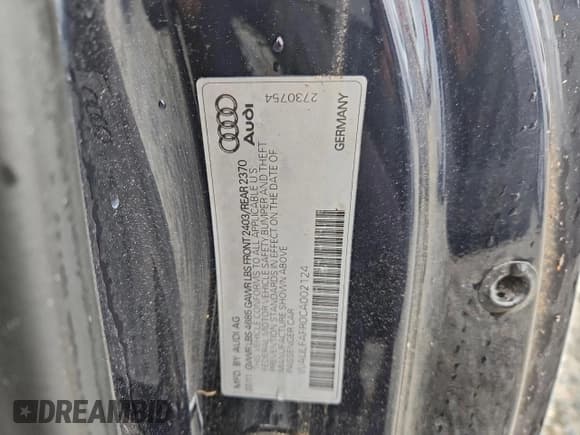 ✅ 2012 Audi A5 Premium Plus • VIN: WAULFAFR0CA002124 • Lot: 94594435. Wystawiony na Copart z przebiegiem 179 790 mil. Bezpłatny archiwum sprzedaży aukcyjnych z USA i szczegółowy raport historii pojazdu na DreamBid. Zdjęcie 12.