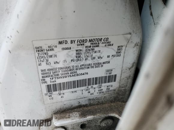 ✅ 2010 Ford F-250 XL • VIN: 1FTSW2BY6AEB35476 • Lot: 85230424. Wystawiony na Copart z przebiegiem 349 675 mil. Bezpłatny archiwum sprzedaży aukcyjnych z USA i szczegółowy raport historii pojazdu na DreamBid. Zdjęcie 14.