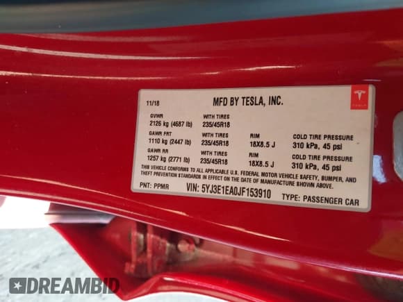 ✅ 2018 Tesla Model 3 Long Range Battery • VIN: 5YJ3E1EA0JF153910 • Lot: 43277095. Listed on IAAI with 77,646 mi. Free auction sales archive from the USA and detailed vehicle history report at DreamBid. Image 9.