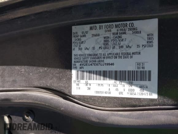 ✅ 2007 Mercury Mountaineer • VIN: 4M2EU47E67UJ19946 • Lot: 39550924. Listed on IAAI with 176,184 mi. Free auction sales archive from the USA and detailed vehicle history report at DreamBid. Image 9.