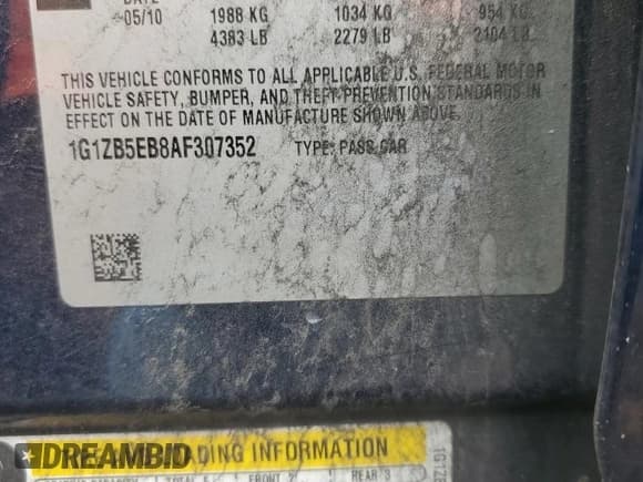 ✅ 2010 Chevrolet Malibu 1LS • VIN: 1G1ZB5EB8AF307352 • Lot: 75411004. Listed on Copart with Not provided. Free auction sales archive from the USA and detailed vehicle history report at DreamBid. Image 13.