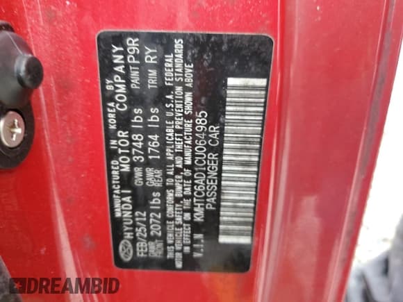 ✅ 2012 Hyundai Veloster w/Gray Int • VIN: KMHTC6AD1CU064985 • Lot: 42487355. Wystawiony na Copart z przebiegiem 84 475 mil. Bezpłatny archiwum sprzedaży aukcyjnych z USA i szczegółowy raport historii pojazdu na DreamBid. Zdjęcie 12.