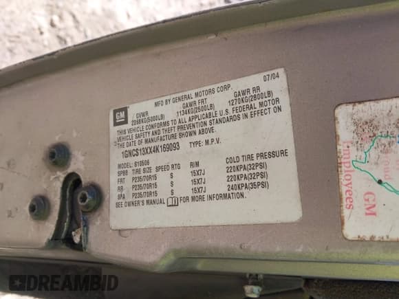 ✅ 2004 Chevrolet Blazer LS • VIN: 1GNCS13XX4K169093 • Lot: 43520737. Listed on IAAI with Not provided. Free auction sales archive from the USA and detailed vehicle history report at DreamBid. Image 9.