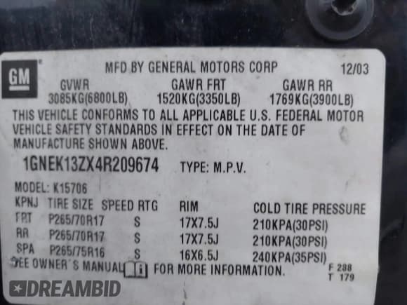 ✅ 2004 Chevrolet Tahoe LT • VIN: 1GNEK13ZX4R209674 • Lot: 43784510. Listed on IAAI with 252,684 mi. Free auction sales archive from the USA and detailed vehicle history report at DreamBid. Image 9.