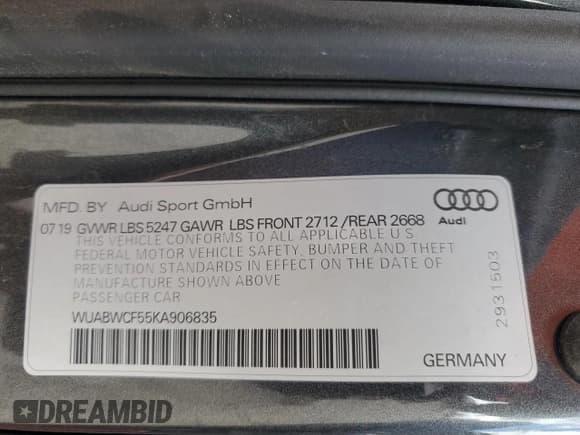 ✅ 2019 Audi RS 5 Sportback • VIN: WUABWCF55KA906835 • Лот: 85359985. Опубликован ранее на Copart с пробегом 52 543 миль. Бесплатный доступ к архиву аукционных продаж из США и подробный отчёт об истории автомобиля на DreamBid. Изображение 12.