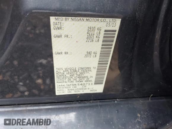 ✅ 2013 Nissan Altima SL • VIN: 1N4AL3AP3DN540711 • Lot: 43135523. Listed on IAAI with 219,552 mi. Free auction sales archive from the USA and detailed vehicle history report at DreamBid. Image 9.