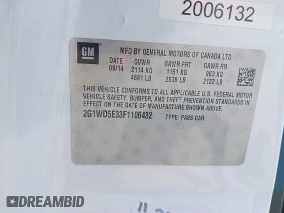 2015 Chevrolet Impala Police Police с VIN 2G1WD5E33F1106432, выставлен на аукционе IAAI как лот 41672458 с пробегом 99 131 миль миль и . История ставок и продаж доступна на DreamBid. Изображение 9.