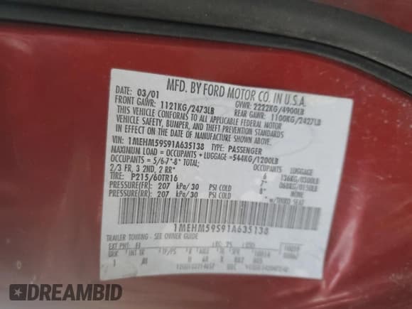 ✅ 2001 Mercury Sable LS Premium • VIN: 1MEHM59S91A635138 • Lot: 84674814. Listed on Copart with 170,559 mi. Free auction sales archive from the USA and detailed vehicle history report at DreamBid. Image 12.