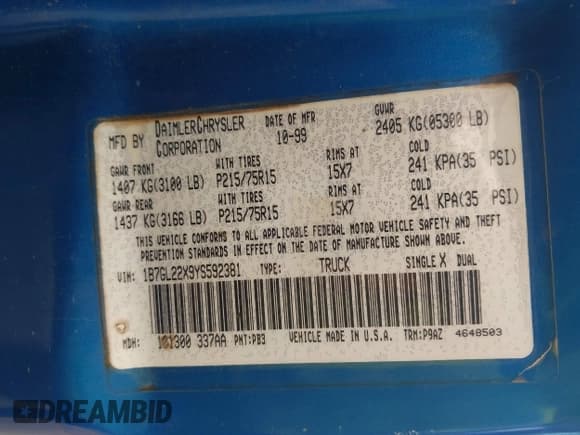 ✅ 2000 Dodge Dakota • VIN: 1B7GL22X9YS592381 • Lot: 43188294. Listed on IAAI with 311,937 mi. Free auction sales archive from the USA and detailed vehicle history report at DreamBid. Image 9.