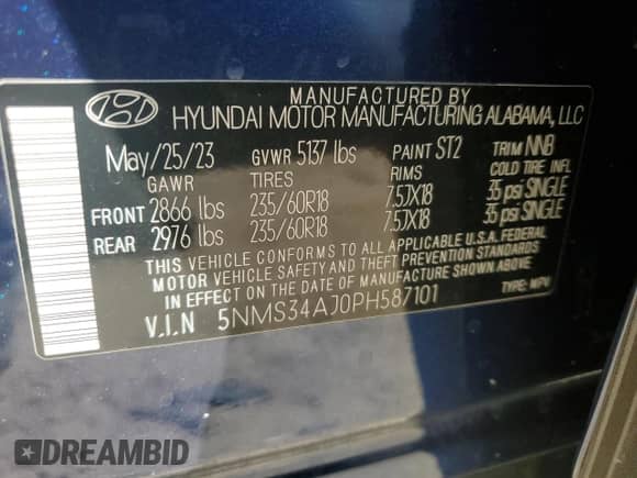 2023 Hyundai Santa Fe SEL с VIN 5NMS34AJ0PH587101, выставлен на аукционе Copart как лот 86680695 с пробегом 24 546 миль миль и Списание • Salvage title. История ставок и продаж доступна на DreamBid. Изображение 14.
