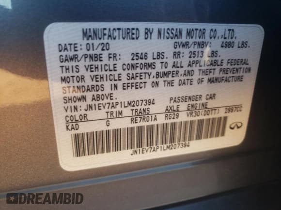 ✅ 2020 Infiniti Q50 Pure • VIN: JN1EV7AP1LM207394 • Lot: 87764105. Listed on Copart with 93,066 mi. Free auction sales archive from the USA and detailed vehicle history report at DreamBid. Image 14.