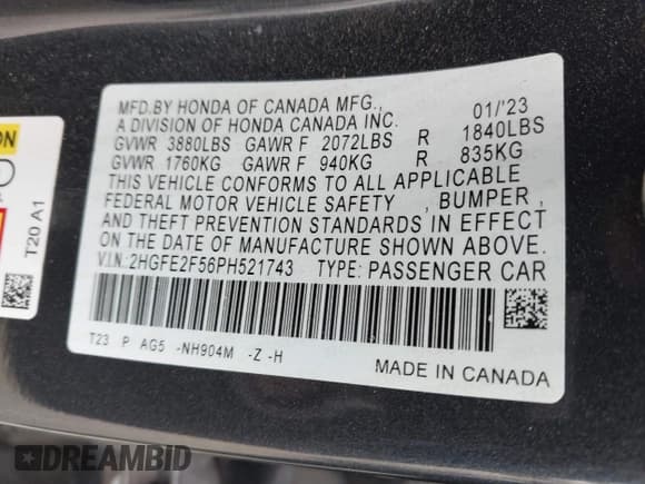 ✅ 2023 Honda Civic Sport • VIN: 2HGFE2F56PH521743 • Lot: 42205210. Listed on IAAI with 31,462 mi. Free auction sales archive from the USA and detailed vehicle history report at DreamBid. Image 9.