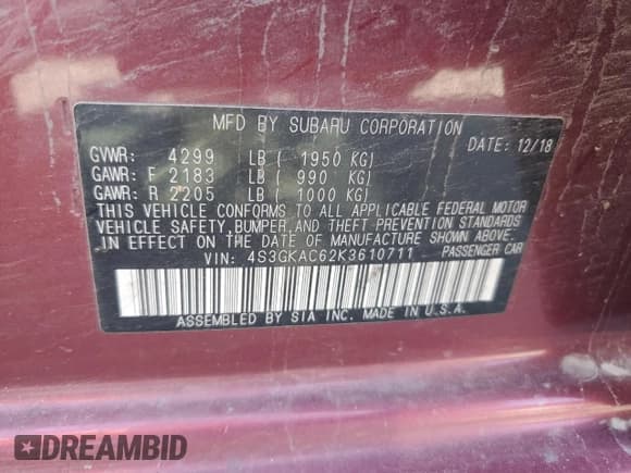 ✅ 2019 Subaru Impreza Premium • VIN: 4S3GKAC62K3610711 • Lot: 71592635. Listed on Copart with 95,231 mi. Free auction sales archive from the USA and detailed vehicle history report at DreamBid. Image 13.