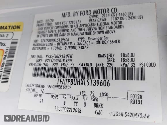 ✅ 2020 Ford Mustang EcoBoost Premium • VIN: 1FATP8UHXL5139606 • Lot: 43317005. Wystawiony na IAAI z przebiegiem 69 883 mil. Bezpłatny archiwum sprzedaży aukcyjnych z USA i szczegółowy raport historii pojazdu na DreamBid. Zdjęcie 9.