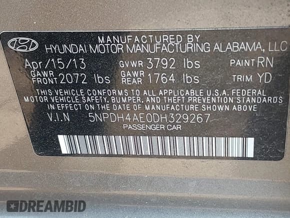 ✅ 2013 Hyundai Elantra GLS • VIN: 5NPDH4AE0DH329267 • Lot: 42415914. Listed on IAAI with Not provided. Free auction sales archive from the USA and detailed vehicle history report at DreamBid. Image 9.