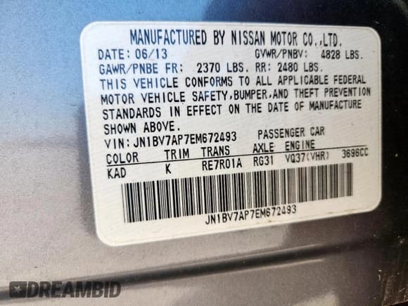 ✅ 2014 Infiniti Q50 Premium • VIN: JN1BV7AP7EM672493 • Lot: 81905785. Listed on Copart with 136,650 mi. Free auction sales archive from the USA and detailed vehicle history report at DreamBid. Image 12.