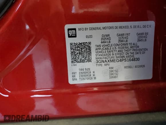 ✅ 2023 Chevrolet Equinox RS • VIN: 3GNAXMEG4PS164830 • Lot: 87468245. Listed on Copart with 39,995 mi. Free auction sales archive from the USA and detailed vehicle history report at DreamBid. Image 14.