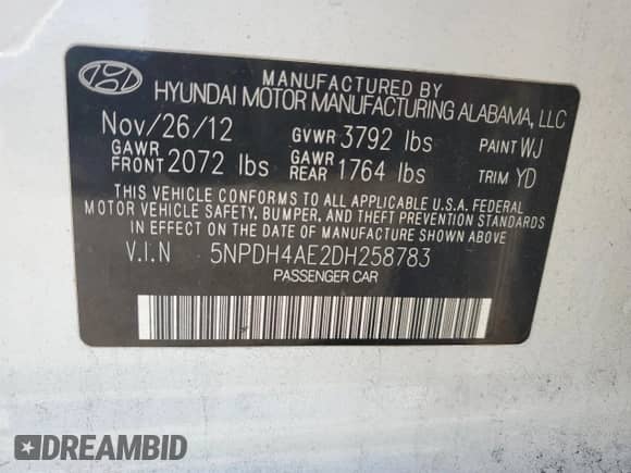 2013 Hyundai Elantra Limited with VIN 5NPDH4AE2DH258783, listed as a Copart auction lot 90592915 with 128,356 mi miles and Salvage title. Bid and sale history available at DreamBid. Image 12.