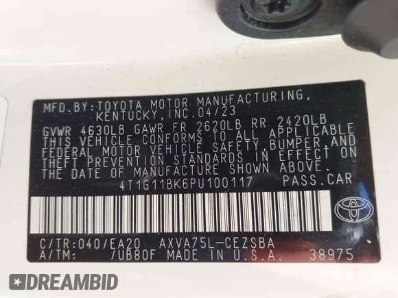 2023 Toyota Camry SE with VIN 4T1G11BK6PU100117, listed as a IAAI auction lot 43194290 with 54,061 mi miles and . Bid and sale history available at DreamBid. Image 9.