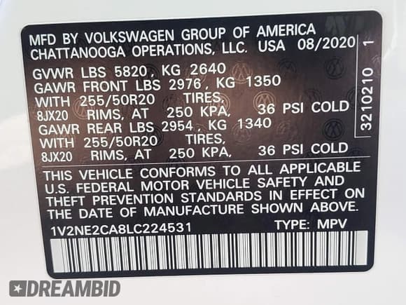✅ 2020 Volkswagen Atlas SEL Premium • VIN: 1V2NE2CA8LC224531 • Lot: 43361218. Listed on IAAI with 60,727 mi. Free auction sales archive from the USA and detailed vehicle history report at DreamBid. Image 9.