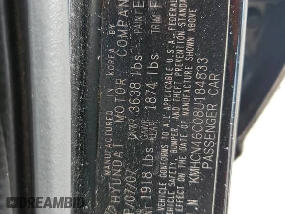 2008 Hyundai Accent GLS z VIN KMHCN46C08U184833, wystawiony jako Copart lot #60647344 z przebiegiem 129 037 mil mil oraz Szkoda całkowita • Salvage title. Historia ofert i sprzedaży dostępna na DreamBid. Obrazek 14.