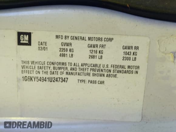 ✅ 2001 Cadillac Seville Touring STS • VIN: 1G6KY54941U247347 • Lot: 43652320. Listed on IAAI with 101,135 mi. Free auction sales archive from the USA and detailed vehicle history report at DreamBid. Image 9.