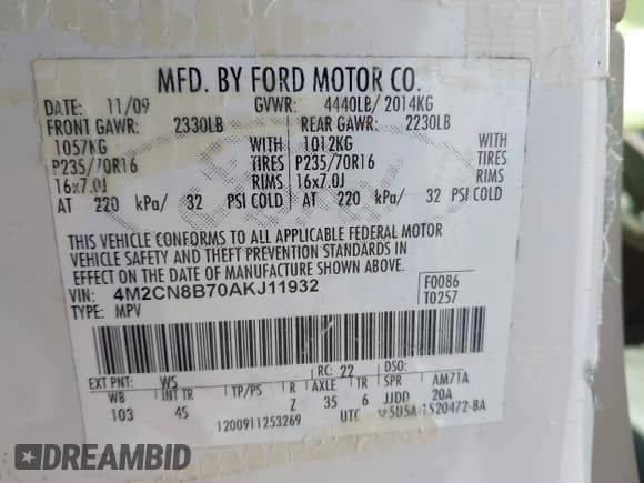 2010 Mercury Mariner z VIN 4M2CN8B70AKJ11932, wystawiony jako IAAI lot #40980162 z przebiegiem Nie podano mil oraz . Historia ofert i sprzedaży dostępna na DreamBid. Obrazek 9.