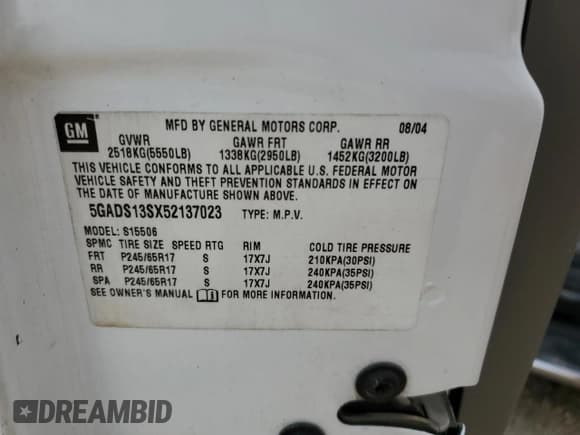 ✅ 2005 Buick Rainier CXL • VIN: 5GADS13SX52137023 • Лот: 57931284. Опубликован ранее на Copart с пробегом 243 166 миль. Бесплатный доступ к архиву аукционных продаж из США и подробный отчёт об истории автомобиля на DreamBid. Изображение 15.