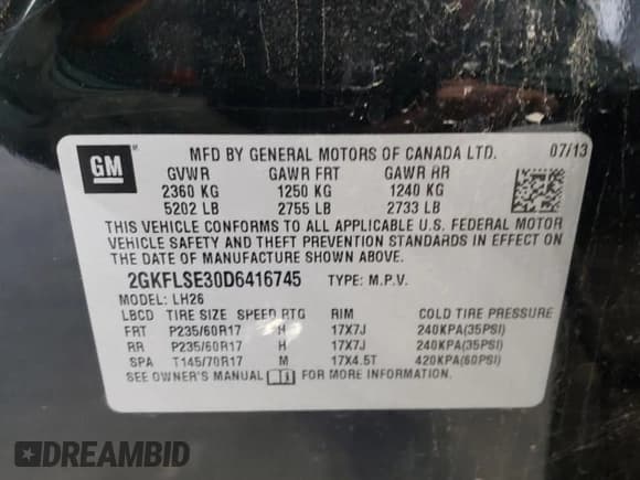 ✅ 2013 GMC Terrain SLE • VIN: 2GKFLSE30D6416745 • Лот: 42441845. Опубликован ранее на Copart с пробегом 153 295 миль. Бесплатный доступ к архиву аукционных продаж из США и подробный отчёт об истории автомобиля на DreamBid. Изображение 13.