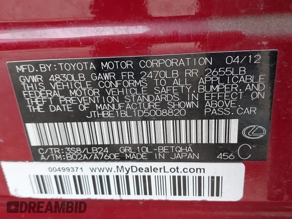 ✅ 2013 Lexus GS 350 • VIN: JTHBE1BL1D5008820 • Lot: 42038902. Listed on IAAI with 69,460 mi. Free auction sales archive from the USA and detailed vehicle history report at DreamBid. Image 9.