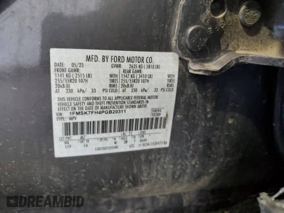 2023 Ford Explorer Limited z VIN 1FMSK7FH4PGB20311, wystawiony jako Copart lot #68585695 z przebiegiem Nie podano mil oraz Nie do naprawy • Non repairable. Historia ofert i sprzedaży dostępna na DreamBid. Obrazek 14.